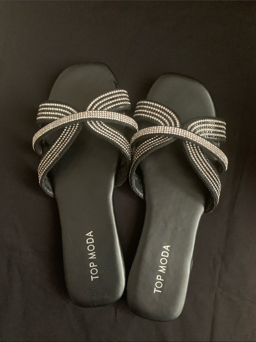 TOP Moda Black Slide Sandals with Rhinestone Crisscross Straps